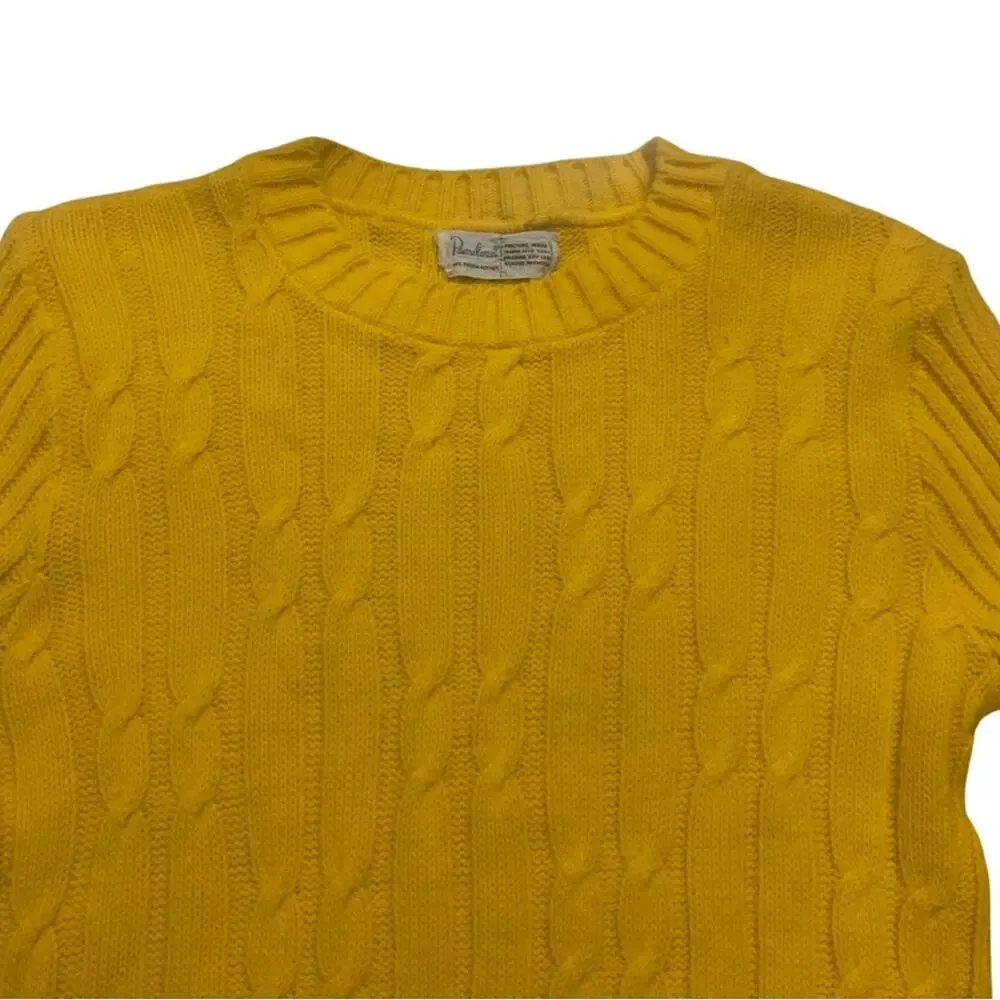 Yellow Cable Knit Crewneck Ribbed Sweater Size Small Grandpa Tennis Varsity